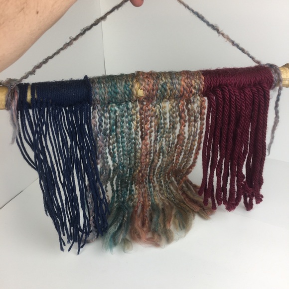 Boho Yarn Tapestry Bamboo Wall Hanging Blue Burgandy Rainbow Hand Crafted - Picture 2 of 9